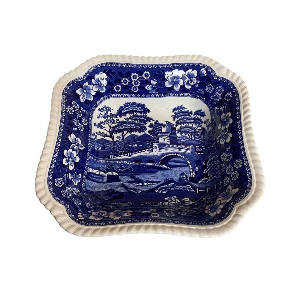 Vintage Spode England Blue Tower Square Serving Bowl Cottagecore Luxury Classic